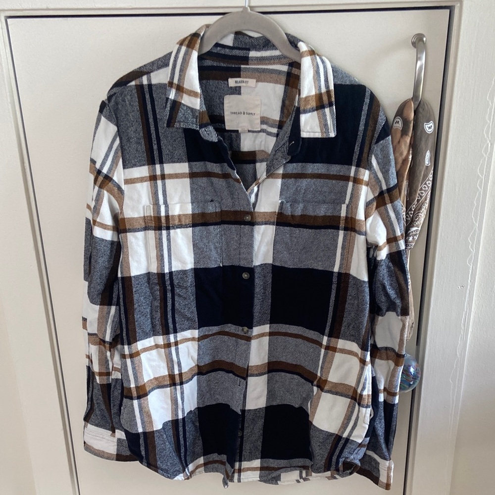 Thread & Supply Plaid Button Down Shirt - Black, Cream, Brown
